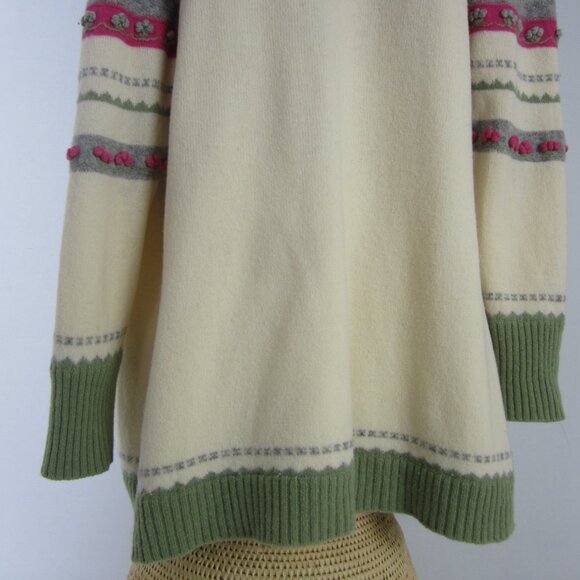 Vtg Gap Body Women M Ivory Green Pink Long Sweater Coat Cardigan Fair Isle Lined - Picture 10 of 12